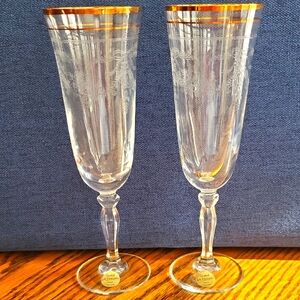 Vtg J. G. Durand Cristal Elegant Gold Rimmed Champagne Flutes